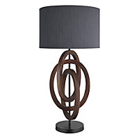 Industville Wooden Geometric Circle Table Lamp in Walnut with White Large Drum Lampshade