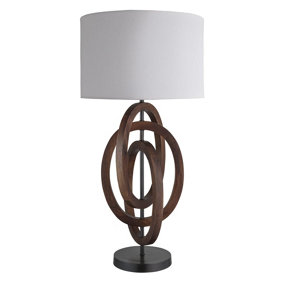 Industville Wooden Geometric Circle Table Lamp in Walnut with White Large Empire Lampshade