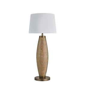 Industville Wooden Geometric Pillar Table Lamp in Natural with Grey Large Drum Lampshade