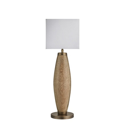 Industville Wooden Geometric Pillar Table Lamp in Natural with Grey Large Empire Lampshade