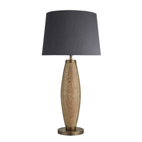Industville Wooden Geometric Pillar Table Lamp in Natural with Grey Small Cube Lampshade