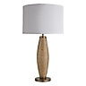 Industville Wooden Geometric Pillar Table Lamp in Natural with Grey Small Empire Lampshade
