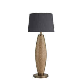 Industville Wooden Geometric Pillar Table Lamp in Natural with White Large Empire Lampshade