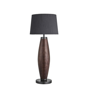 Industville Wooden Geometric Pillar Table Lamp in Walnut with Grey Large Drum Lampshade
