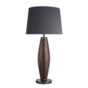 Industville Wooden Geometric Pillar Table Lamp in Walnut with Grey Large Empire Lampshade