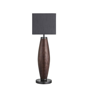 Industville Wooden Geometric Pillar Table Lamp in Walnut with Grey Small Cube Lampshade