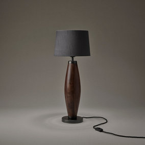 Industville Wooden Geometric Pillar Table Lamp in Walnut with Grey Small Empire Lampshade