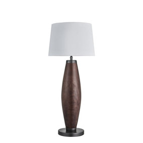 Industville Wooden Geometric Pillar Table Lamp in Walnut with White Large Drum Lampshade