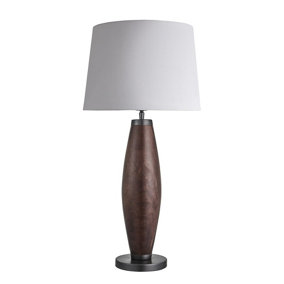 Industville Wooden Geometric Pillar Table Lamp in Walnut with White Large Empire Lampshade