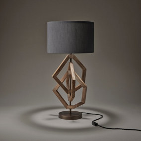 Industville Wooden Geometric Polygon Table Lamp in Natural with Grey Large Drum Lampshade