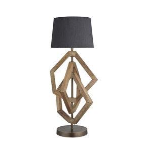 Industville Wooden Geometric Polygon Table Lamp in Natural with Grey Large Empire Lampshade