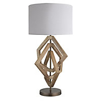 Industville Wooden Geometric Polygon Table Lamp in Natural with Grey Small Cube Lampshade