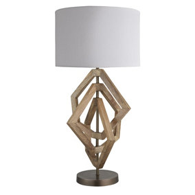 Industville Wooden Geometric Polygon Table Lamp in Natural with Grey Small Cube Lampshade