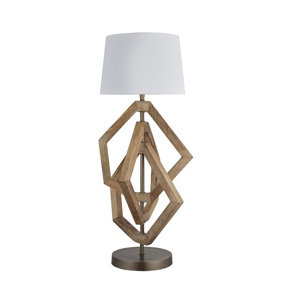 Industville Wooden Geometric Polygon Table Lamp in Natural with Grey Small Empire Lampshade