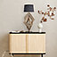 Industville Wooden Geometric Polygon Table Lamp in Natural with White Large Drum Lampshade