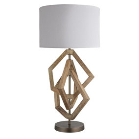 Industville Wooden Geometric Polygon Table Lamp in Natural with White Small Cube Lampshade