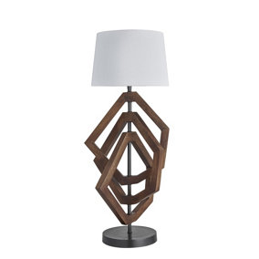 Industville Wooden Geometric Polygon Table Lamp in Walnut with Grey Large Empire Lampshade