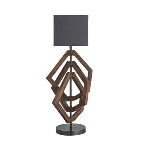 Industville Wooden Geometric Polygon Table Lamp in Walnut with Grey Small Cube Lampshade