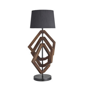 Industville Wooden Geometric Polygon Table Lamp in Walnut with Grey Small Empire Lampshade