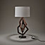 Industville Wooden Geometric Polygon Table Lamp in Walnut with White Large Drum Lampshade