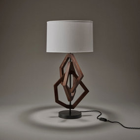 Industville Wooden Geometric Polygon Table Lamp in Walnut with White Large Drum Lampshade