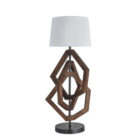 Industville Wooden Geometric Polygon Table Lamp in Walnut with White Large Empire Lampshade