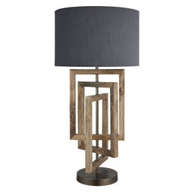 Industville Wooden Geometric Rectangle Table Lamp in Natural with Grey Large Drum Lampshade