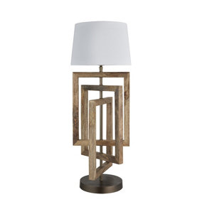 Industville Wooden Geometric Rectangle Table Lamp in Natural with Grey Small Cube Lampshade