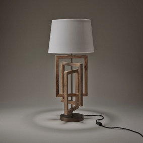Industville Wooden Geometric Rectangle Table Lamp in Natural with White Large Empire Lampshade