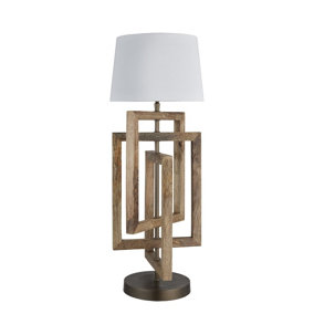 Industville Wooden Geometric Rectangle Table Lamp in Natural with White Small Cube Lampshade