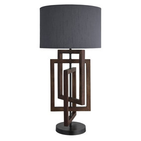 Industville Wooden Geometric Rectangle Table Lamp in Walnut with Grey Large Drum Lampshade