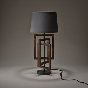 Industville Wooden Geometric Rectangle Table Lamp in Walnut with Grey Large Empire Lampshade