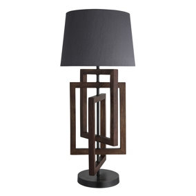 Industville Wooden Geometric Rectangle Table Lamp in Walnut with Grey Small Cube Lampshade