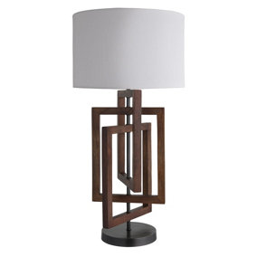 Industville Wooden Geometric Rectangle Table Lamp in Walnut with White Large Drum Lampshade