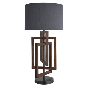 Industville Wooden Geometric Rectangle Table Lamp in Walnut with White Large Empire Lampshade