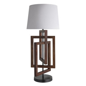 Industville Wooden Geometric Rectangle Table Lamp in Walnut with White Small Cube Lampshade