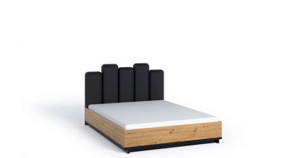 Ines 05 Elegant Bed - Modern Artisan Oak & Black with Upholstered Headboard - W1670mm x H1165mm x D2170mm