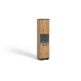 Ines 11 Tall Display Cabinet - Timeless Oak Artisan & Black with Glass Shelf - W500mm x H2000mm x D400mm