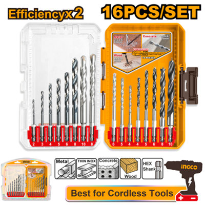 INGCO 16-Piece Drill Bit Set Metal, Masonry & Wood Hex Shank, 2-10 mm