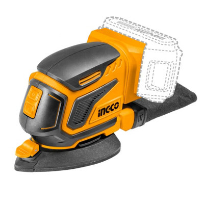 INGCO 20V Lithium-Ion palm sander including a battery, battery charger and 3 pieces sanding sheets