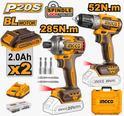 INGCO Drill & Impact Driver Combo Kit 20 V Brushless 52N.m Drill Driver ...
