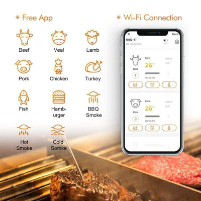 Inkbird Wi-Fi IBBQ-4T Smart Digital Thermometer with Four Probes - BBQ and Cooking Temperature Monitoring