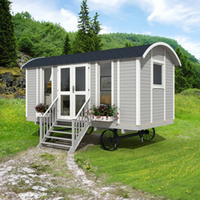 Inmedias Garden Shepherds Hut Log Cabin - 4.8m x 2.4m - Glamping Pod Building with Decorative Wheels