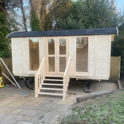 Inmedias Garden Shepherds Hut Log Cabin - 4.8m x 2.4m - Glamping Pod Building with Decorative Wheels - 4
