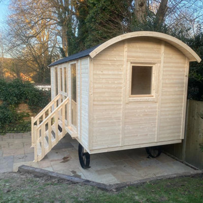 Inmedias Garden Shepherds Hut Log Cabin - 4.8m x 2.4m - Glamping Pod Building with Decorative Wheels - 5