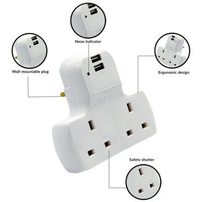 Innoteck 2Way Multi plug adaptor 13A UK mains socket outlets with  5V 2.0A Max Dual USB charging ports