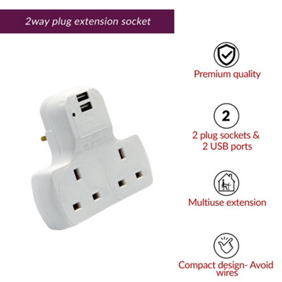 Innoteck 2Way Multi plug adaptor 13A UK mains socket outlets with  5V 2.0A Max Dual USB charging ports