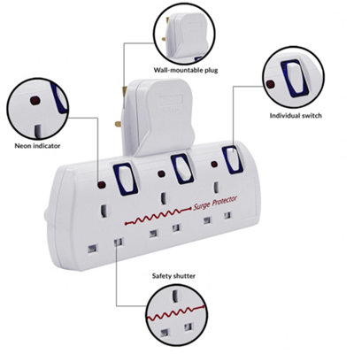 Innoteck 3 Way Plug Extension Socket with Individual Switch, Surge Protection, 13A Fused & Neon Indicator  - White