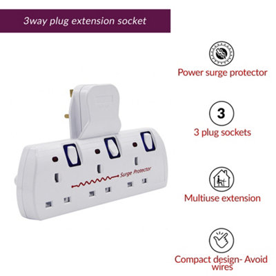 Innoteck 3 Way Plug Extension Socket with Individual Switch, Surge Protection, 13A Fused & Neon Indicator  - White