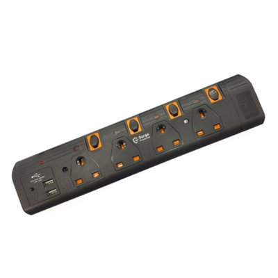 Innoteck 4 Way 2 Meter Switched Extension Lead with 2USB charging ports - Neon Surge Protection Guard - Black